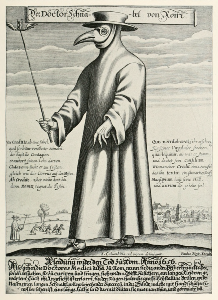 1656 satirical woodcut of a plague doctor, arguably using an early air purification mask. Image: Wikimedia/Creative Commons