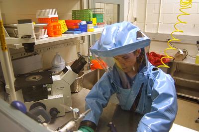Can big data or semantic text help against Ebola? Photo: US government researcher working with the Ebola virus while wearing a Biosafety level 4 positive pressure hazmat suit. Credit: Wikimedia/US Govt/Public Domain.