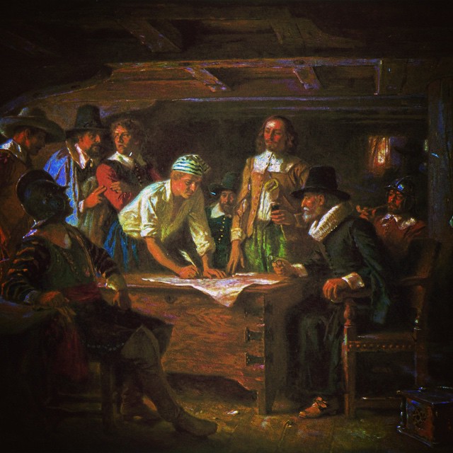 Thanksgiving post: Democracy & Democratic governance. This painting is Signing of Mayflower Compact, 1620 by Jean Leon Gerome Ferris (1863-1930). Photo credit: WIkimeida/Public Domain