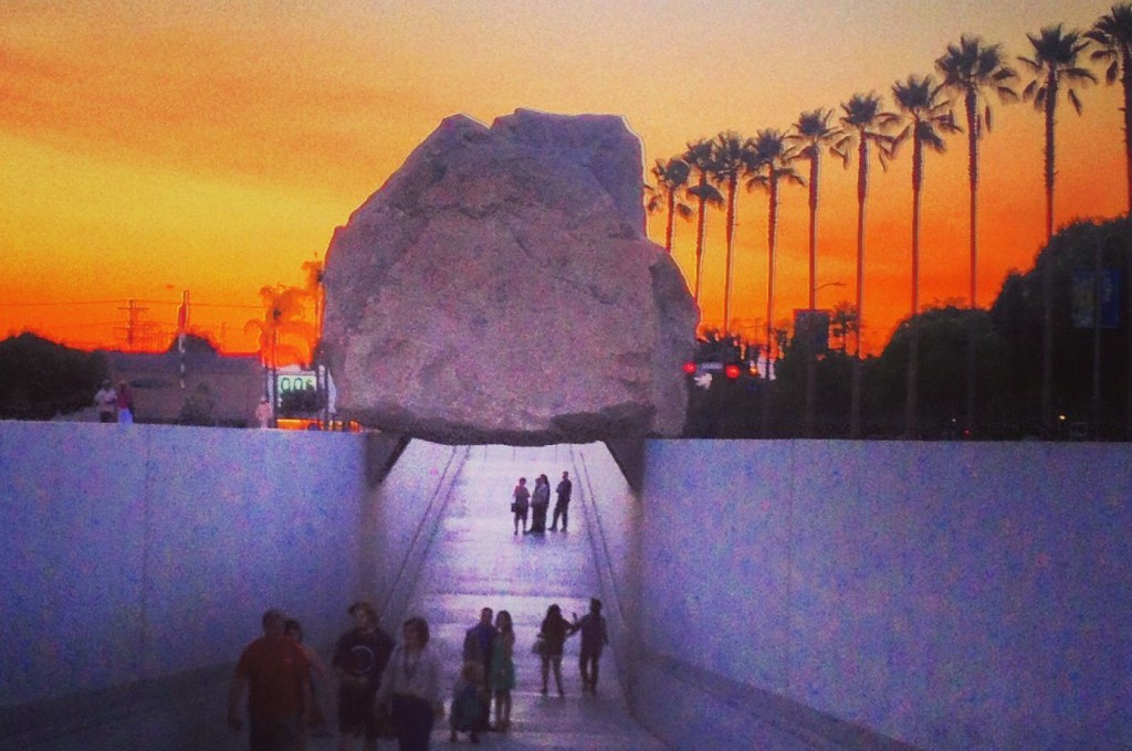 Levitated Mass artwork (Wikipedia link) at sunset with palm trees near our corporate headquarters at the famous LACMA art museum in Los Angeles, California. Photo: (C) Acculation, Inc.
