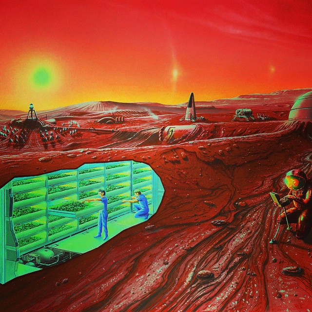 2005 Nasa artist concept of life on Mars. #scifi #sciencefiction #man #astronaut #sky #sun #ground #dirt #science #tech #space #mountain #hill #dome #red planet futuristic