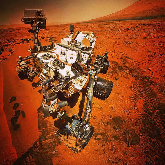 Red Sky Rover: self-portrait of Mars Curosity at Gale Crater